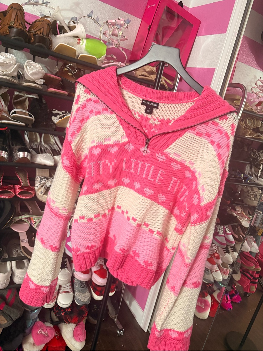 PrettyLittleThing Pink & Cream Heart-Print Half-Zip Knit Sweater